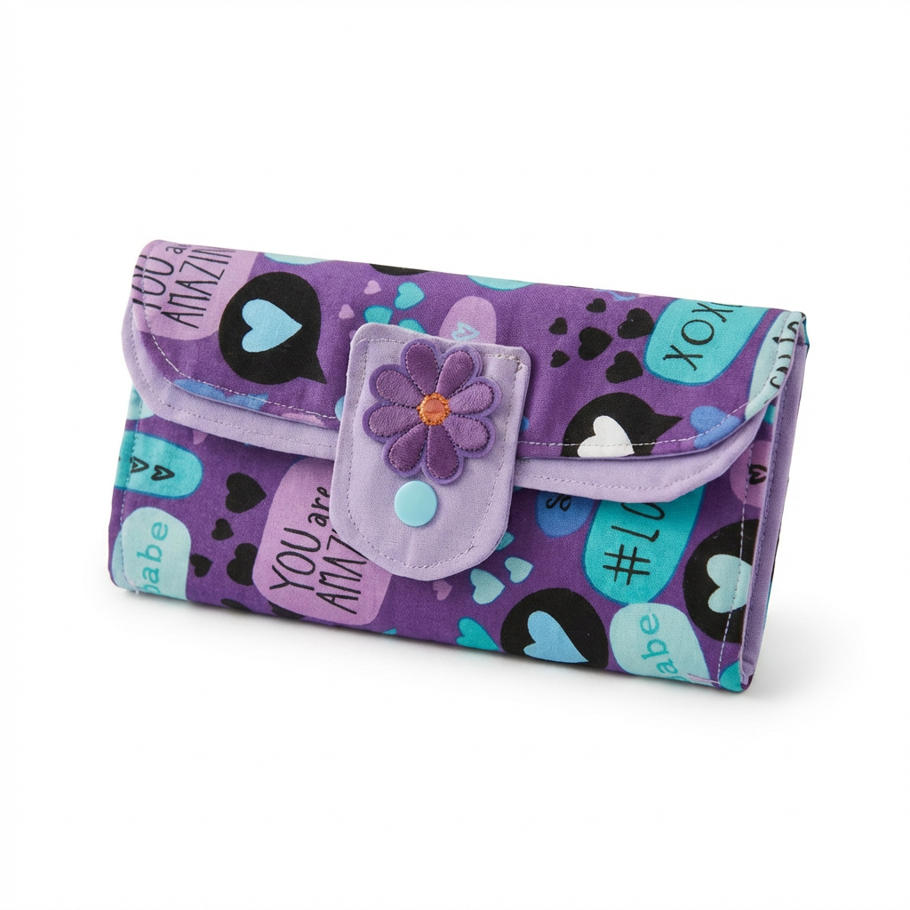 Purple wallet with floral design and text on a white background