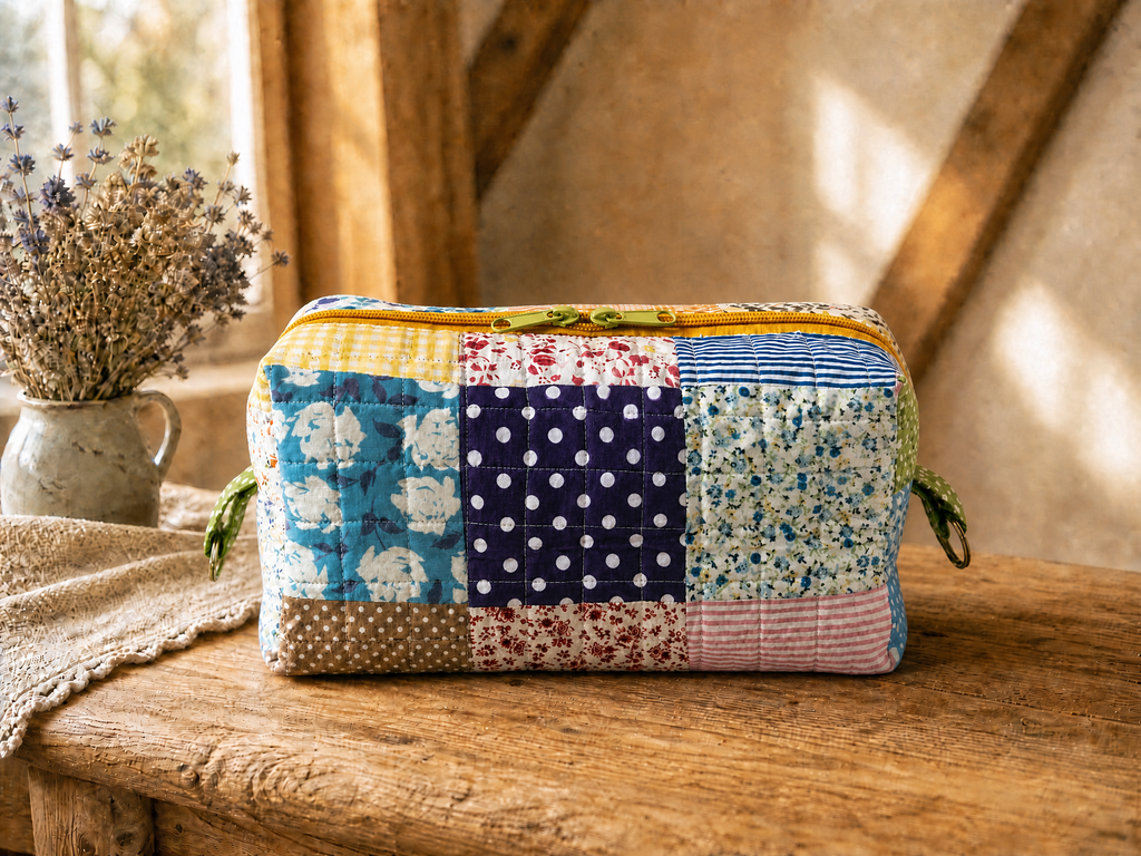 Handmade Patchwork Quilted Zipper Pouch – Colorful Floral Makeup Bag | Travel Cosmetic Organizer