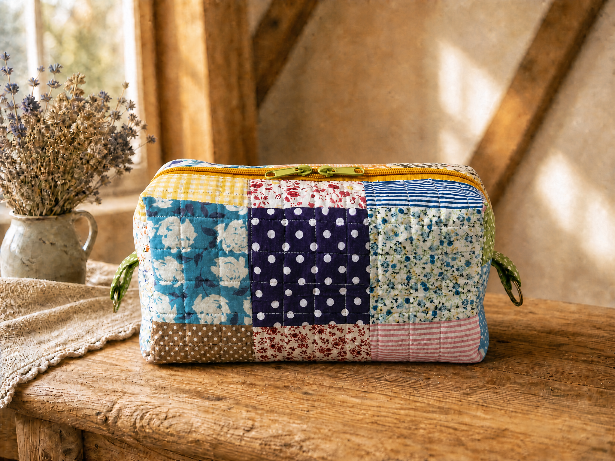 Handmade Patchwork Quilted Zipper Pouch – Colorful Floral Makeup Bag | Travel Cosmetic Organizer