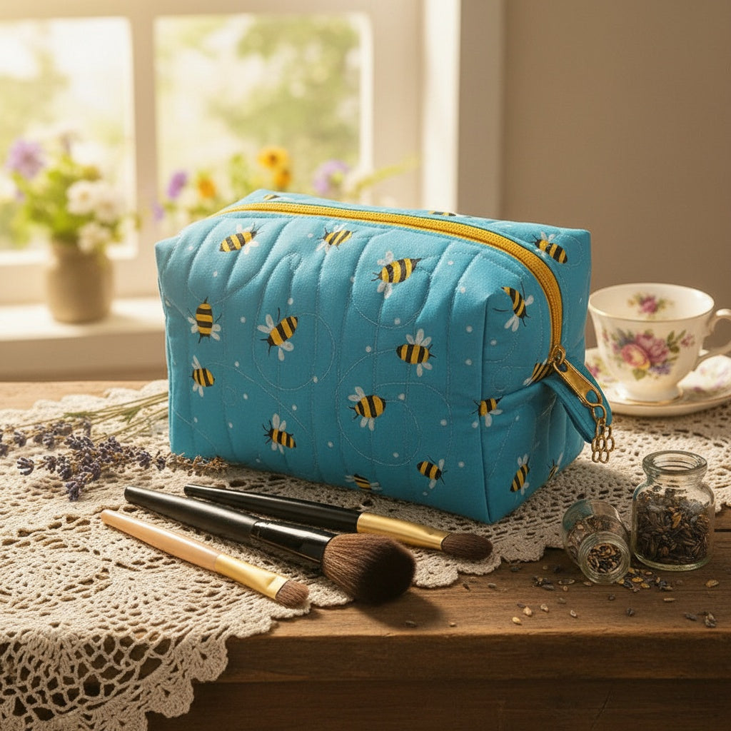 Handmade Quilted Bee Print Makeup Bag