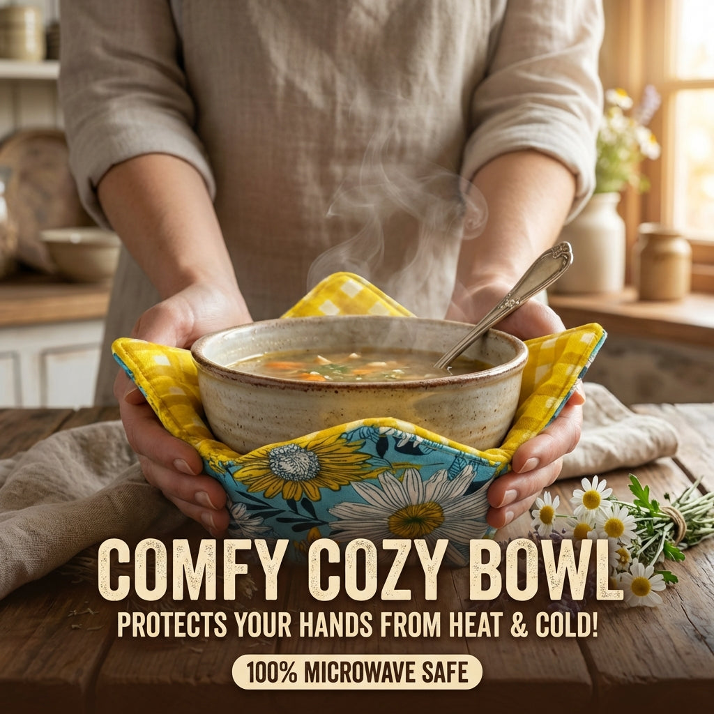 Person holding a bowl of soup with a colorful cozy on a wooden table, with text promoting the 'Comfy Cozy Bowl'.