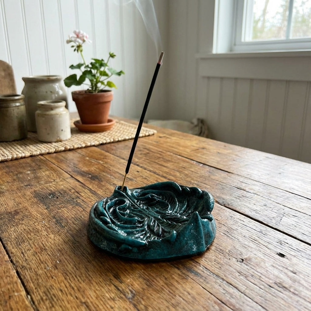Ceramic incense burner with a smoking incense stick on a wooden table, with a plant and other items in the background.