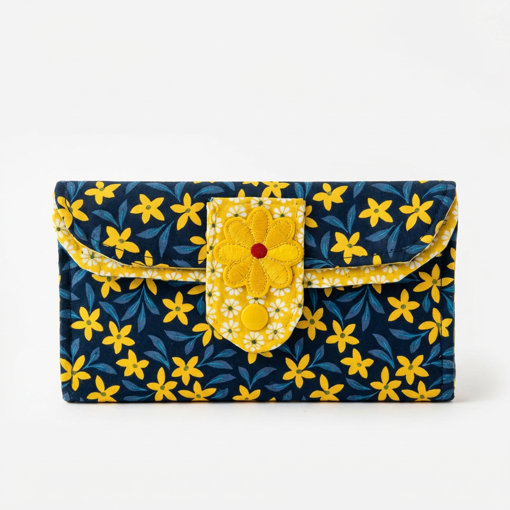 Floral patterned clutch bag with yellow flowers on a blue background