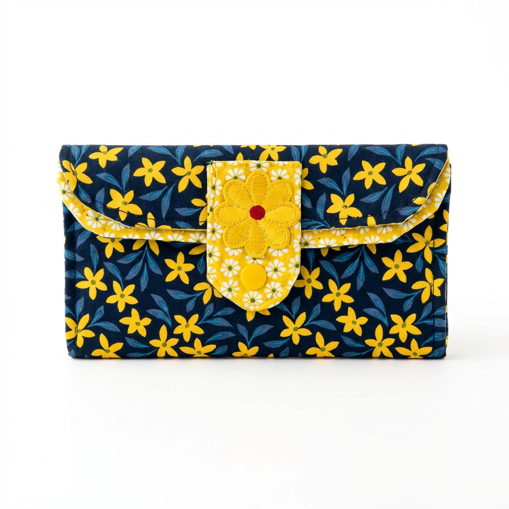 Floral patterned clutch bag with yellow accents on a white background