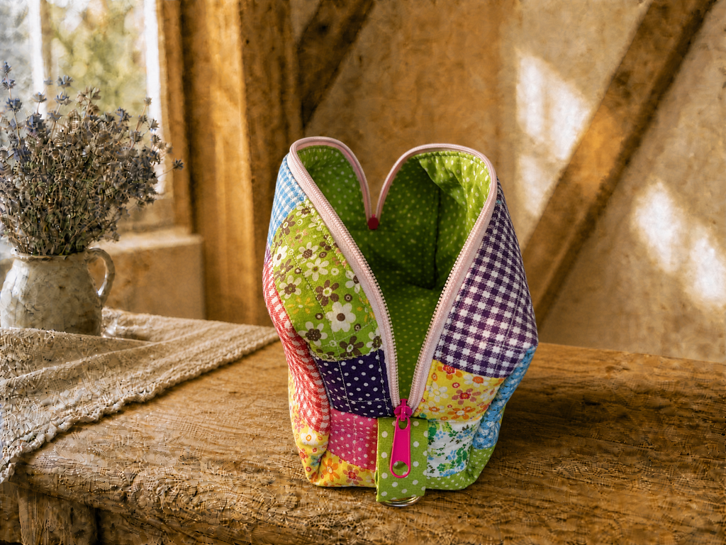 Handmade Colorful Patchwork Quilted Zipper Pouch – Floral Cosmetic Bag | Travel Makeup Organizer