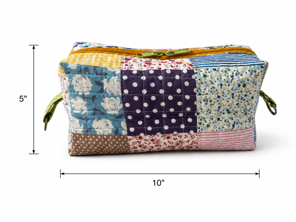 Handmade Patchwork Quilted Zipper Pouch – Colorful Floral Makeup Bag | Travel Cosmetic Organizer