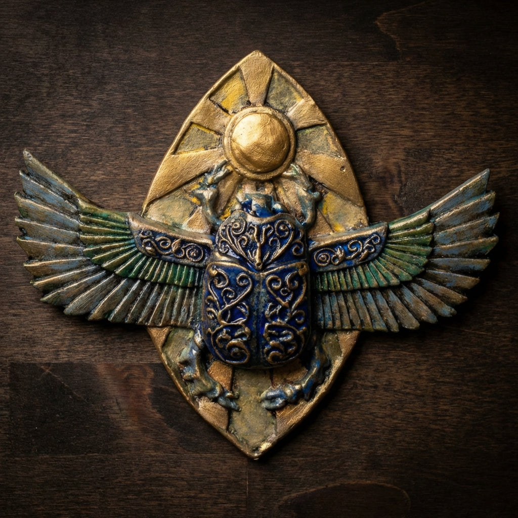 Decorative emblem with wings and intricate design on a wooden background