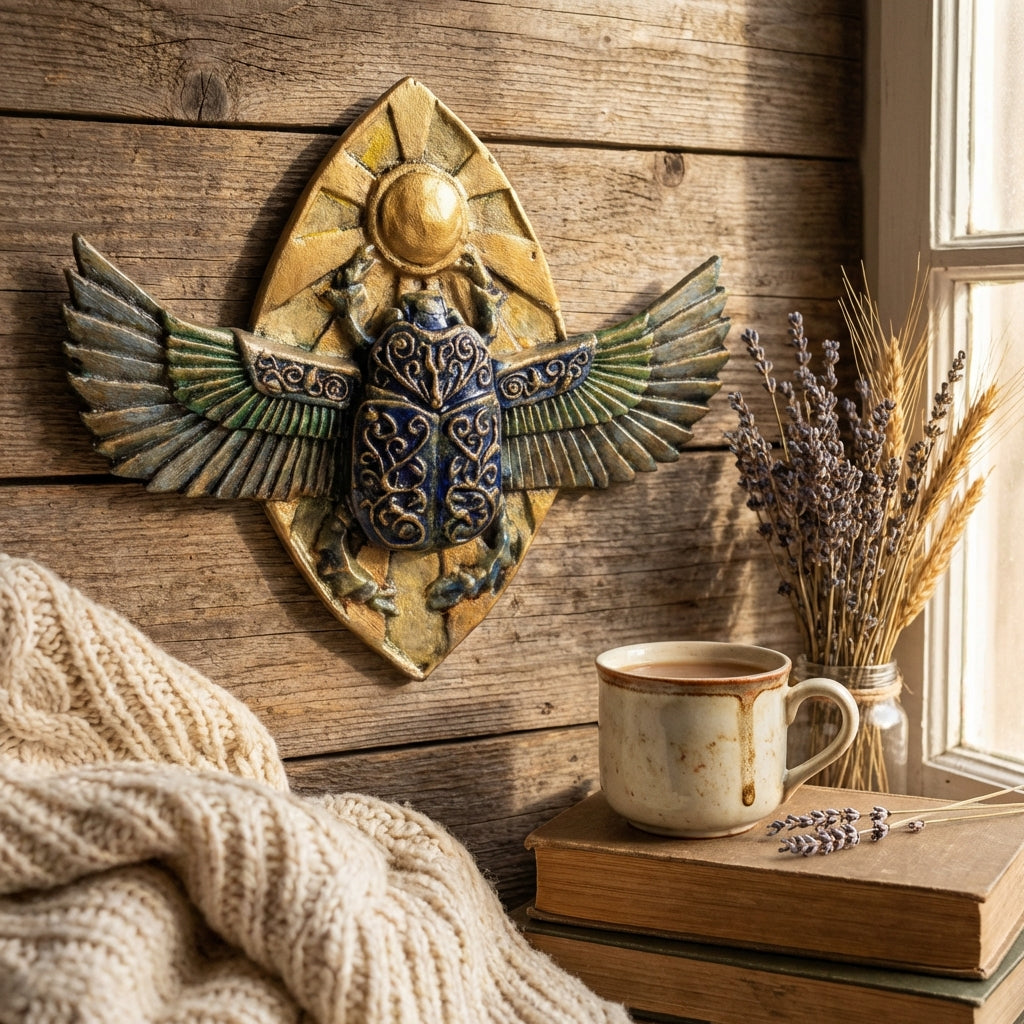 Decorative wall piece with wings on a wooden wall, next to a cup of coffee and books.