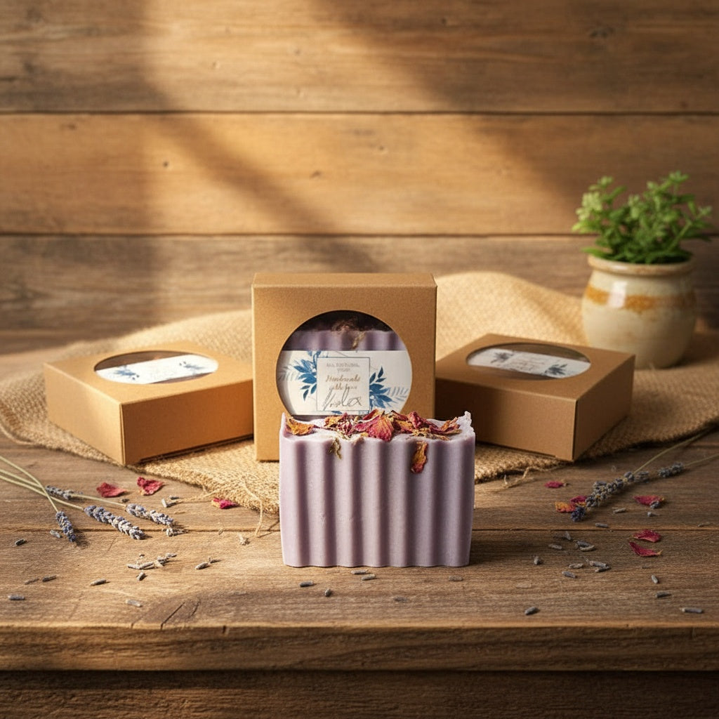Purple candle with decorative elements on a wooden surface, surrounded by gift boxes and plants.