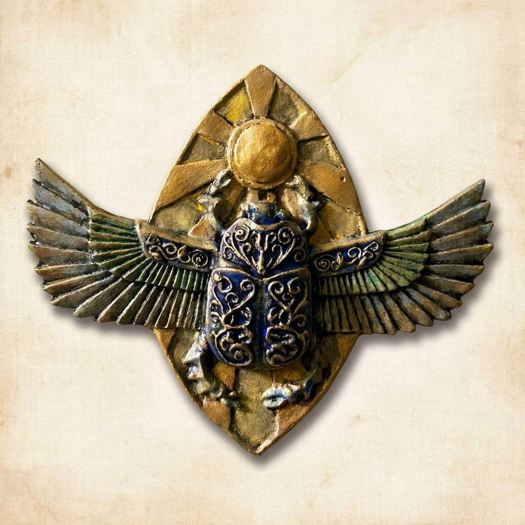 Decorative wall art with a winged symbol on a beige background