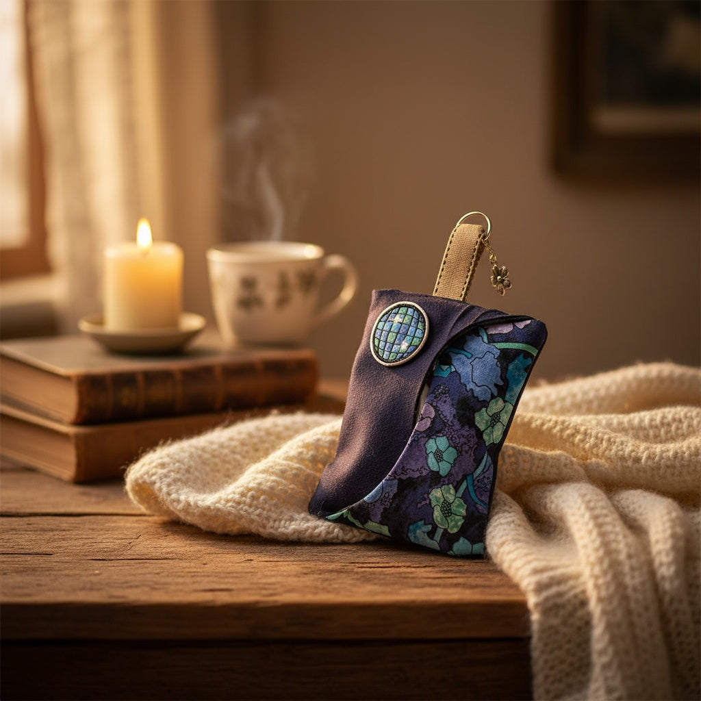 Floral-patterned keychain on a wooden surface with a cozy background of books, a candle, and a cup.