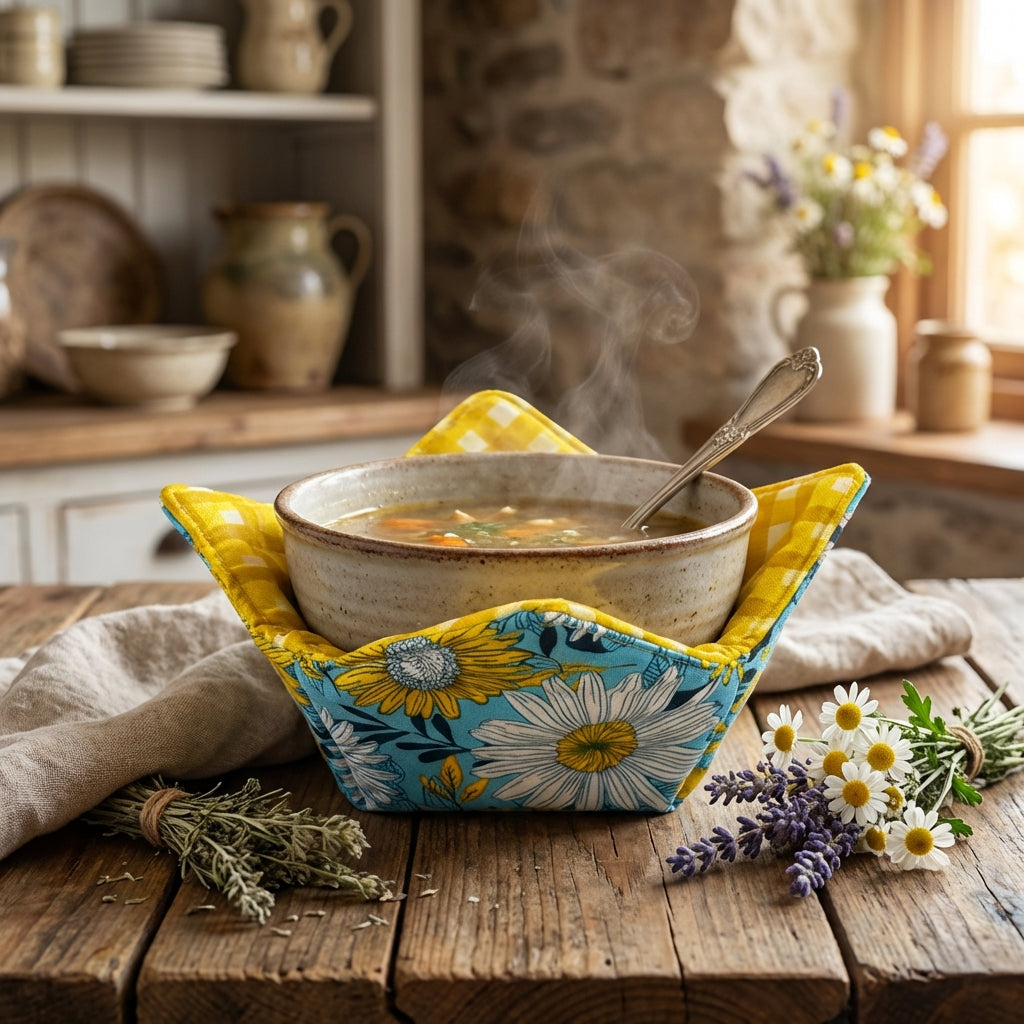 Steaming bowl of soup in a floral cloth on a wooden table with a rustic kitchen background.